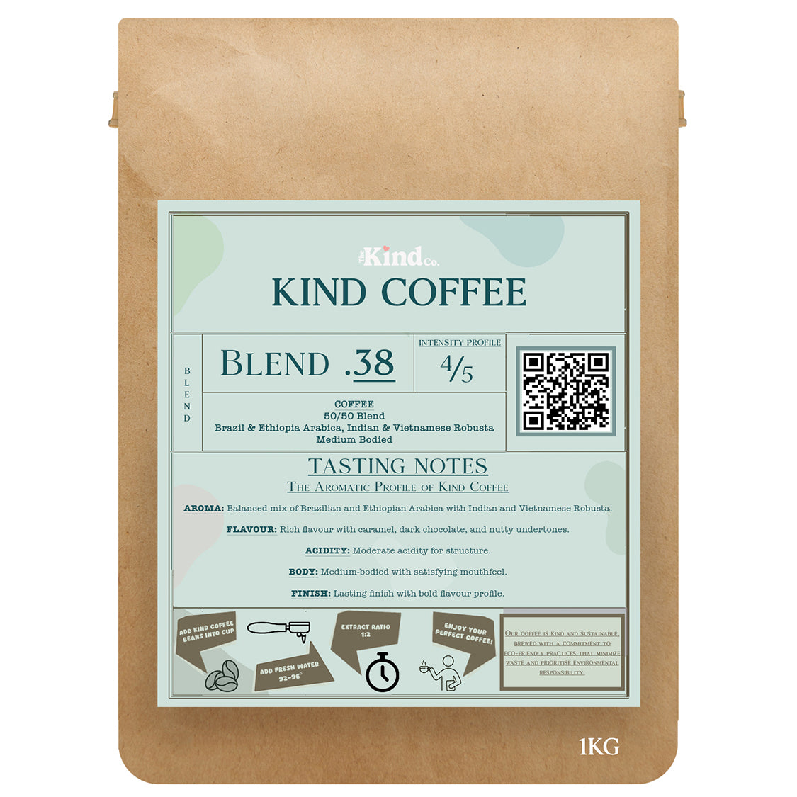 THE KIND CO BLEND .38 50/50 ARABICA/ROBUSTA WHOLEBEAN COFFEE (1kg) x 6